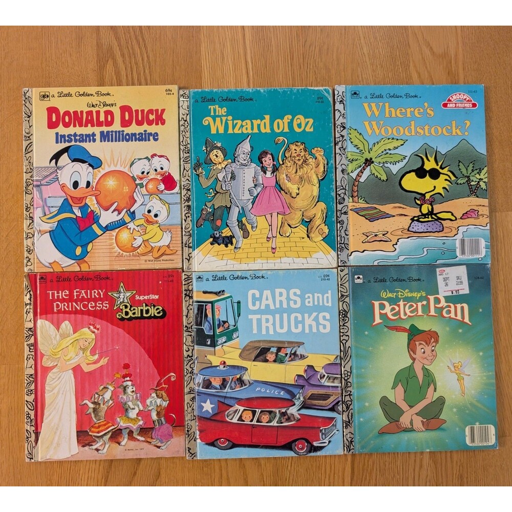 Vtg 70/80s Little Golden Books Disney, Snoopy, Barbie, Wizard Oz & Cars Lot Of 6